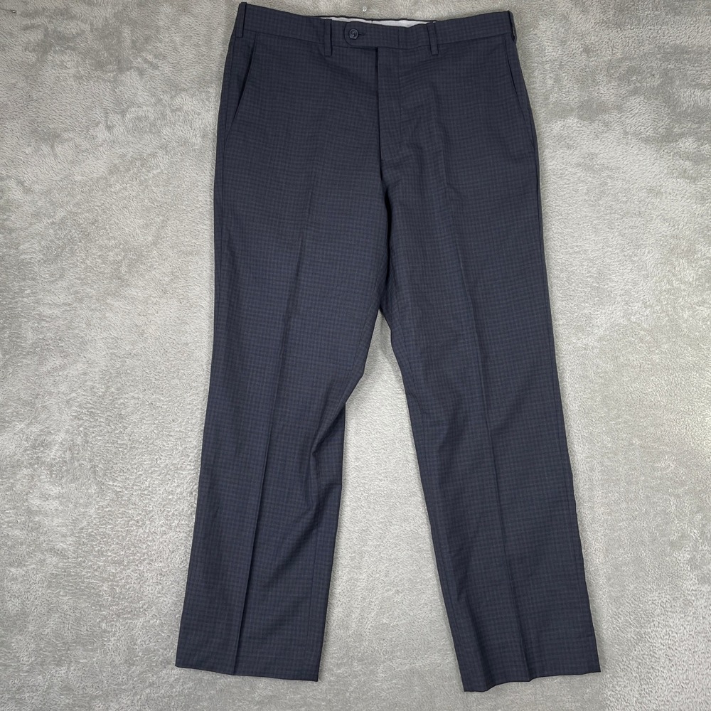 JB Britches Torino Dress Pants Mens 34x31 Navy Blue Plaid 100% Wool Made Italy